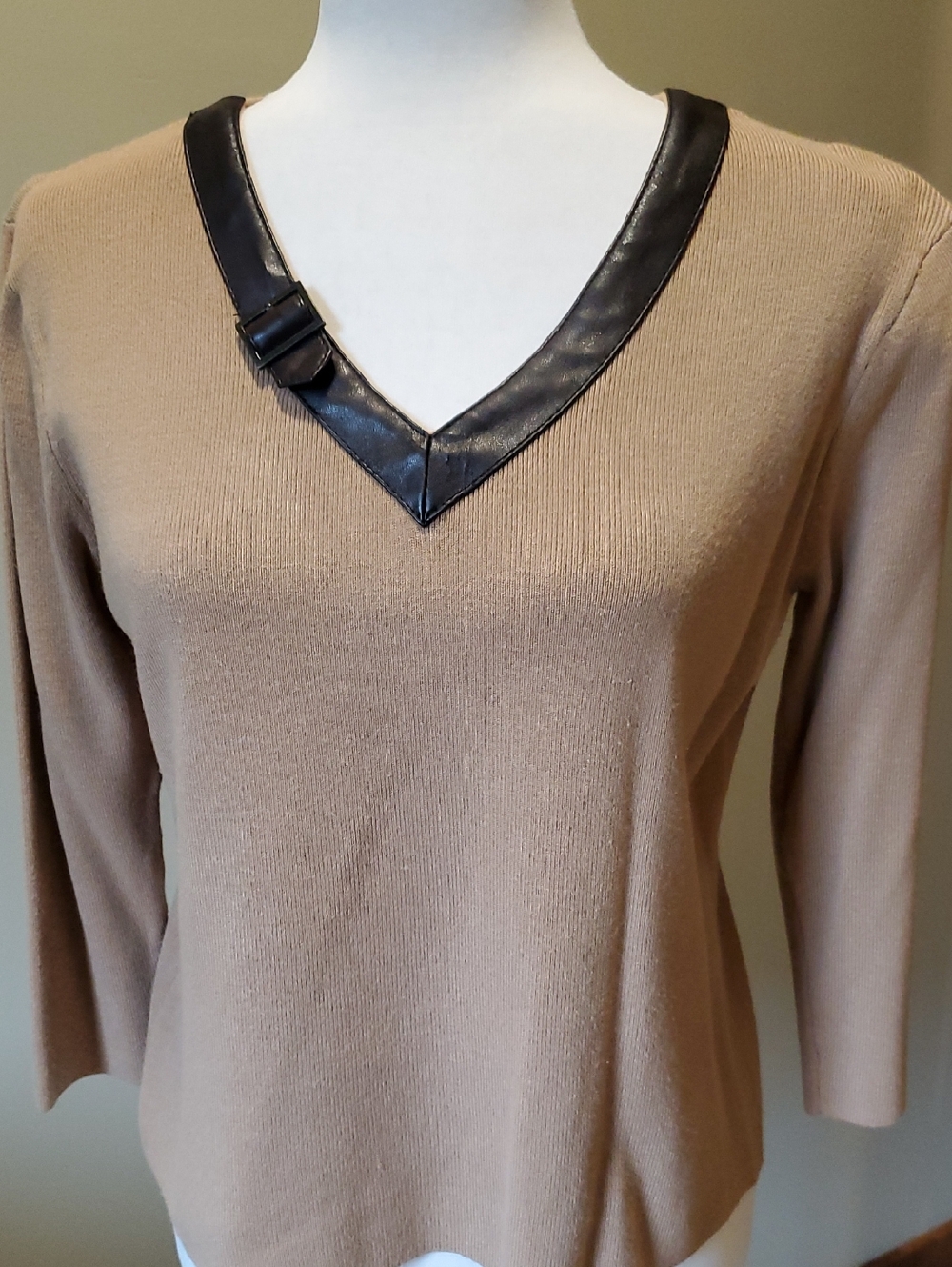 Women’s Camel V-Neck Sweater with Brown Trim